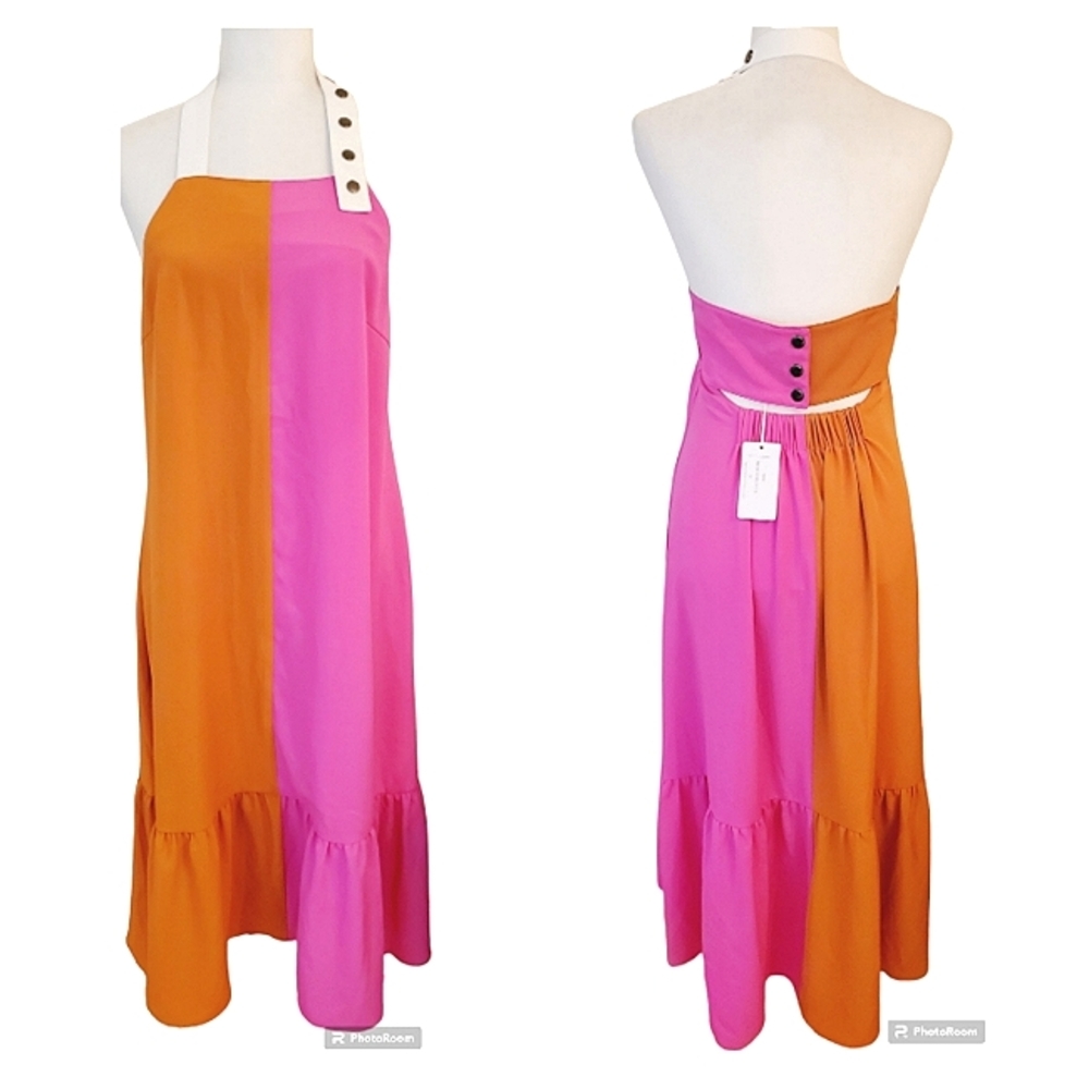 New CROSBY by Mollie Burch Color Block Snap Halter Dress Medium Resortwear